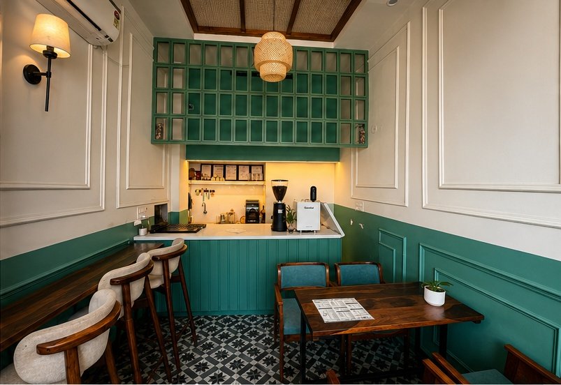 The HOB room: teal counter, patterned tiles, bar stools