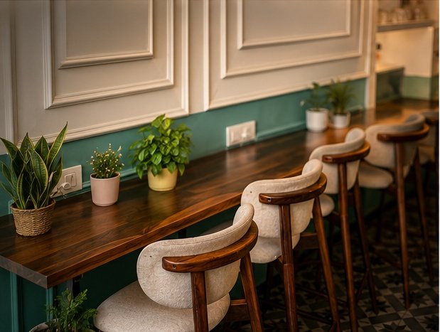 Long wooden bar counter with cane stools and plants