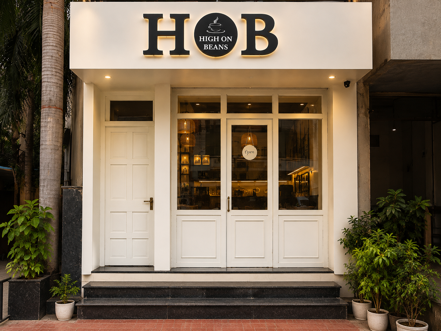 HOB shopfront on Nawalgarh Road, sign lit above the door